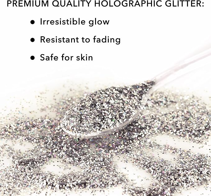 Nail Glitter - Platinum Hollographic Fine Glitter in Jar - 4 Oz Glitter for Crafts - Glitter for Slime - Face Glitter - Candle Glitter - Body Glitter