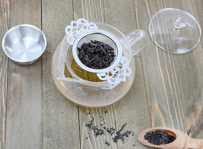 SOLSTICE TEA TRADERS Empress Tea Strainers with Drip Bowls (Pack of 2) Elegant Stainless Steel Loose Leaf Tea Strainers