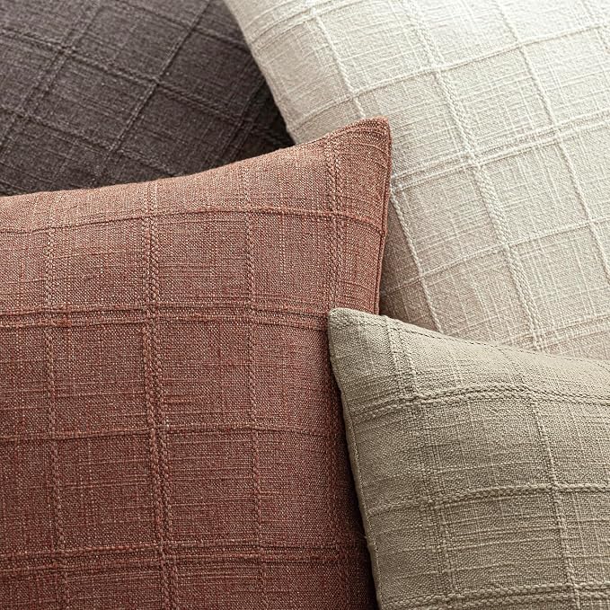 Foindtower Set of 2 Decorative Linen Check Throw Pillow Covers Neutral Farmhouse Vintage Cushion Covers Cozy Modern Boho Home Decor for Sofa Chair Couch Bedroom Living Room,14×36 Inch,Autumnal Red