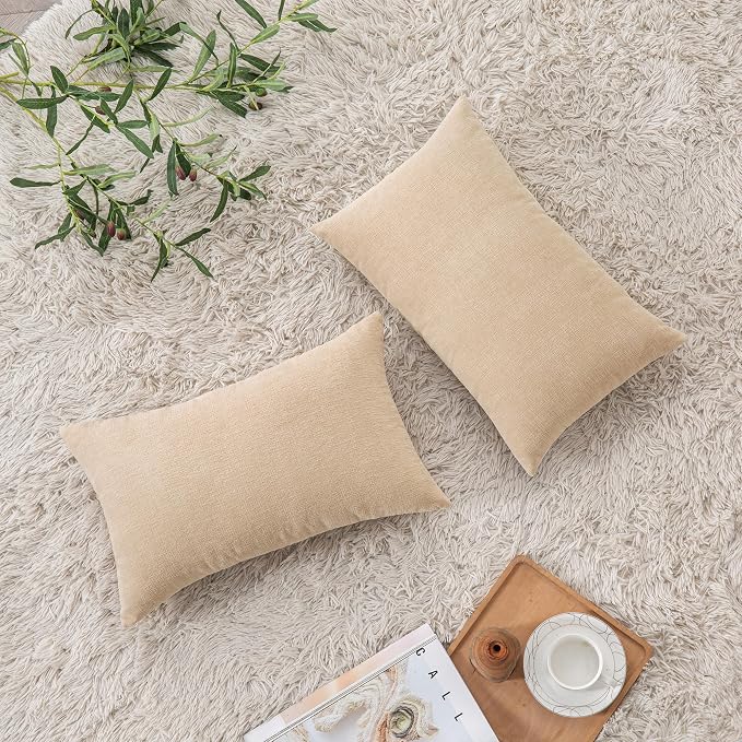 GAWAMAY Decorative Couch Throw Pillow Covers 12x20 Inch Set of 2 Beige | Soft Chenille Farmhouse Style, Hidden Zipper, Neutral Cushion Pillowcases for Sofa Living Room Bed, Only Covers