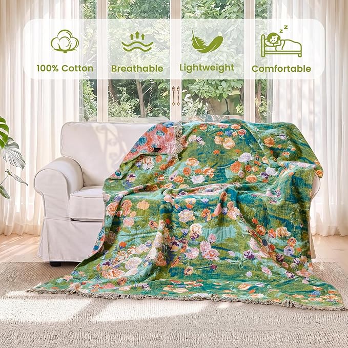 MSGKV Boho Throw Blanket 50"x60" Cotton Floral Muslin Blanket for Sofa | Cotton Floral Throw, Muslin Blanket, Summer Lightweight, Breathable Comfort, Farmhouse Decor, Couch Throw, Machine Washable