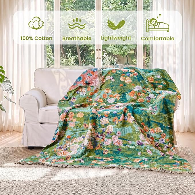 MSGKV Boho Throw Blanket 60"x80" Cotton Floral Twin Blanket for Bed & Couch | Twin Size Cotton Throw, Muslin Blanket, Summer Breathable, Lightweight Comfort, Farmhouse Decor, Machine Washable