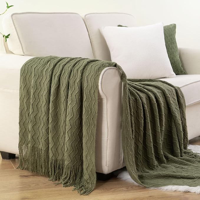 BATTILO HOME Throw Blanket for Couch, Textured Knit Throw, Olive Green Throws for Home Decor, Soft Blanket Throw for Bedroom Decor Housewarming Gifts, 50"x60"