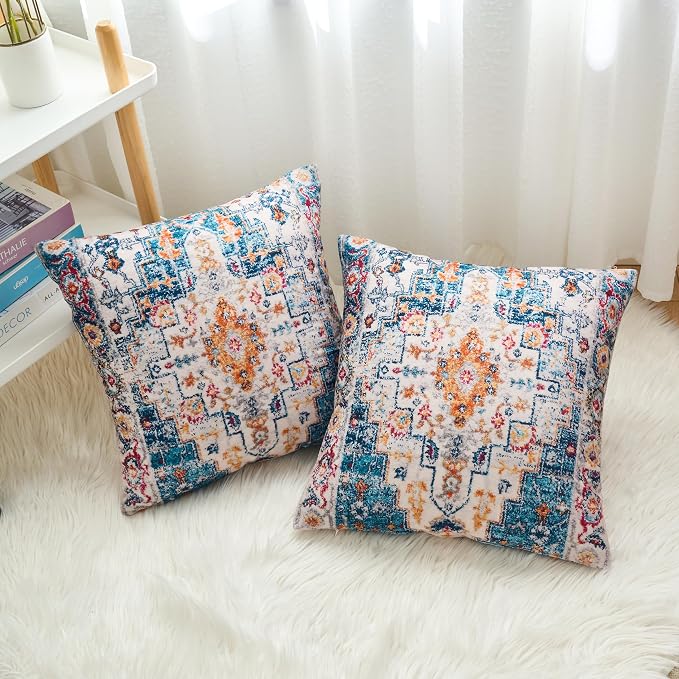 Boho Throw Pillow Covers 20x20 inch Set of 2,Boho Vintage Carpet Pattern Antique Ethnic Decor Double Sided Pattern Cushion Cover Soft Pillow Case Living Sofa Room Bed Square Pillow Cover