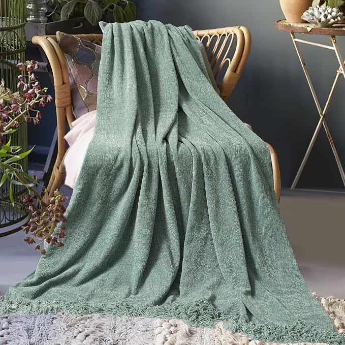 Chenille Throw Blanket for Couch 50" x 60", Sage Green | Soft Cozy Warm Throws with Fringe Tassel, for Living Room Bed Sofa Chair Cover, Lightweight Knitted Decorative Boho Blankets