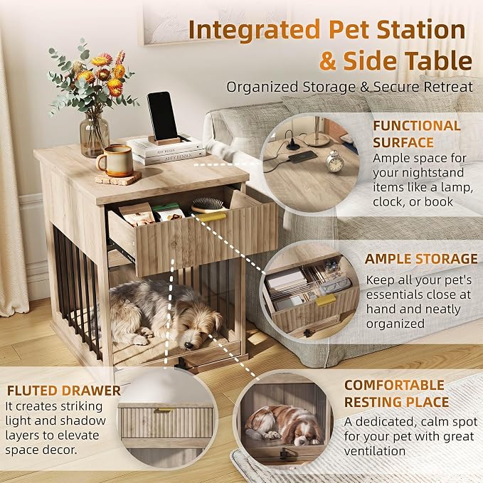 Dog Crate Furniture,Wooden Dog Kennel End Table,Gray Oak