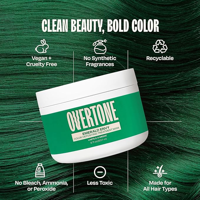 Overtone Semi Permanent Hair Color Conditioner, Emerald Envy, 8 oz, Nourishing, Damage-Free, Color Depositing Mask for All Hair Types with Shea Butter & Coconut Oil, Vegan & Cruelty-Free