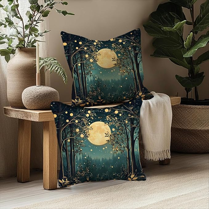 Rustic William Morris Inspired Night Moon Forest Decor Pillow Covers 18x18 Set of 2,Vintage Black and Gold Nature Landscape Botanical Decorative Throw Pillow Covers for Home Bedroom Living Room
