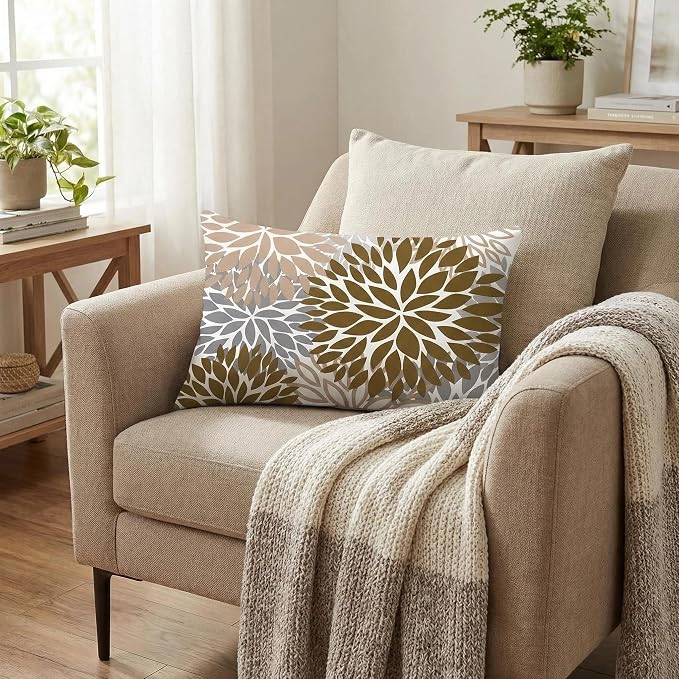 COMMINY Brown Grey Lumbar Pillow Covers 12x20 Set 6 Linen Throw Cover | Daisy Dhalia Pattern, Lumbar Pillow Size, Breathable Linen, Bed Bench Office Chair, Neutral farmhouse decor