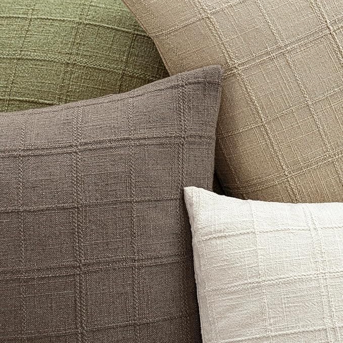 Foindtower Set of 2 Decorative Linen Check Throw Pillow Covers Neutral Farmhouse Vintage Cushion Covers Modern Boho Home Decor for Sofa Chair Couch Bedroom Living Room,24×24 Inch,Taupe Grey