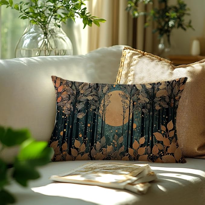 Rustic William Morris Style Gold Moon Pillow Covers 20x12,Vintage Black and Gold Forest Moon Botanical Nature Landscape Decorative Throw Pillow Covers for Home Bedroom Living Room