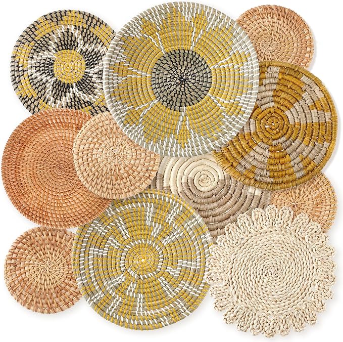 Tatuo 11 Pcs Boho Wall Basket Decor Bulrush Woven Wall Hanging Art Round Farmhouse Rustic Handmade Wicker for Summer Home, Bedroom, Living Room, Kitchen Decorations, Multi Sizes(Lively)