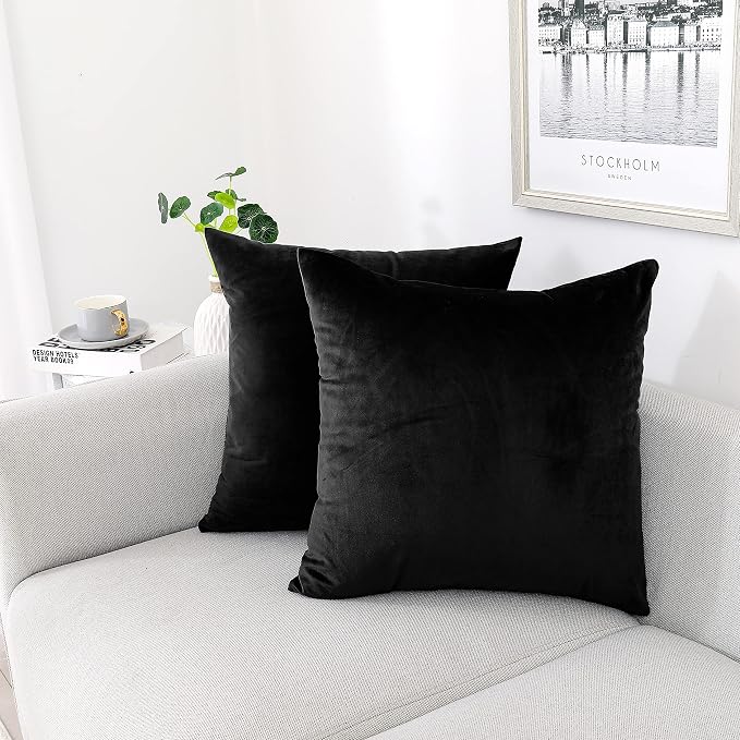 NiNi ALL Black Velvet Throw Pillow Covers 18x18 Pack of 2 Decorative Couch | Soft Solid Boho Cushion Squar Pillow Cases for Chair Sofa Bedroom Farmhouse Living room Modern Luxury Home Decor Halloween