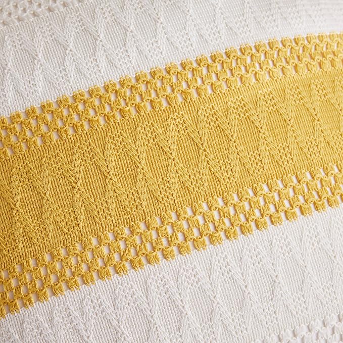 2pk Boho Pillow Covers 12x20, Natural White/Contrast/Mustard Yellow | 100% Organic Cotton Body, Stripe Embroidery, Farmhouse Decorative Cushion Covers for Sofa Bed Living Room Home Decor