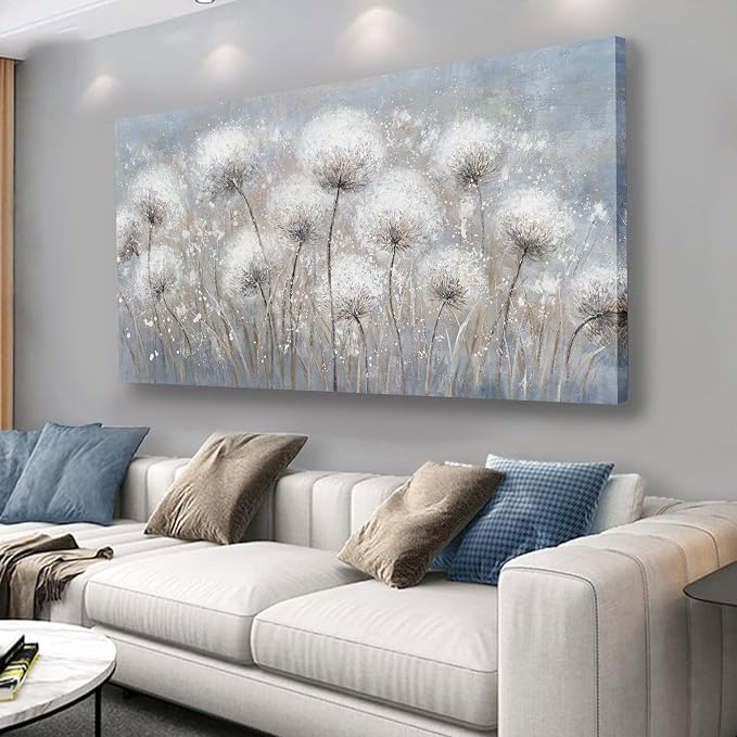 Belmrxne Floral Canvas Wall Art White Wall Decor Aesthetic Artwork Dandelion Canvas Painting for Living Room Bedroom Dining Room Office Home Decor 20x40 inch