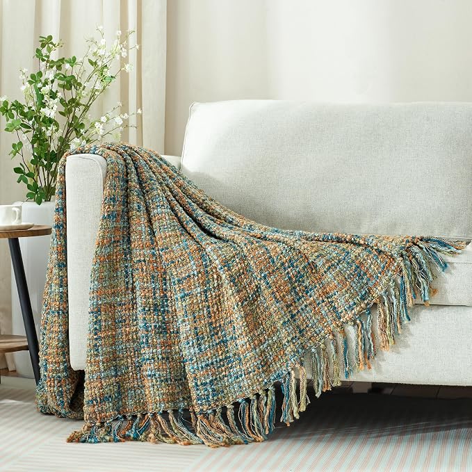 Multi-Color Cable Woven Throw Blanket for Couch - 60"X80" | Multicolored Boho Style,Super Soft Warm Cozy Chunky Blankets with Decorative Tassels for Bed and Sofa,Gold Green