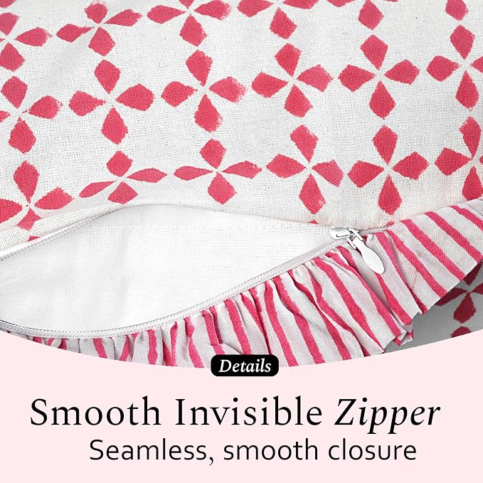 CPC Magenta Pink Hand Block Print 100% Cotton Ruffle Throw Pillow Cover 24x24 inch with Hidden Zipper Decorative for Couch, Bed, Sofa, Farmhouse, Cottagecore Decor Gift Christmas Fall Thanksgiving