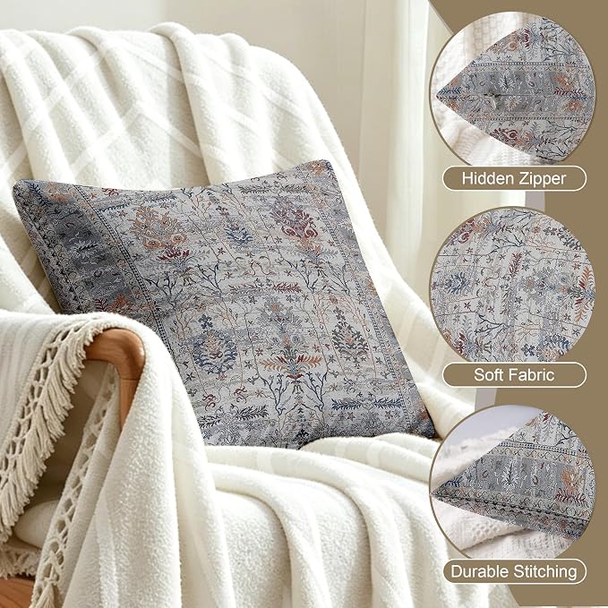 Boho Throw Pillow Covers 18x18 inch Set of 2,Soft Pillowcases Bohemia Carpet Printing Pattern Decorative Sofa Living Room Bed Square Pillow Case Cushion Cover-Gray Flower