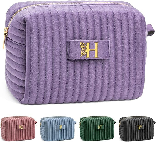 COSHAYSOO Sister Birthday Gifts for Women Best Friend Bestie Friendship Fashion Makeup Bag Make Up Cosmetic Pouch Travel Size Toiletries Skin Care Essentials Organizer Purple Velvet Initial Letter H