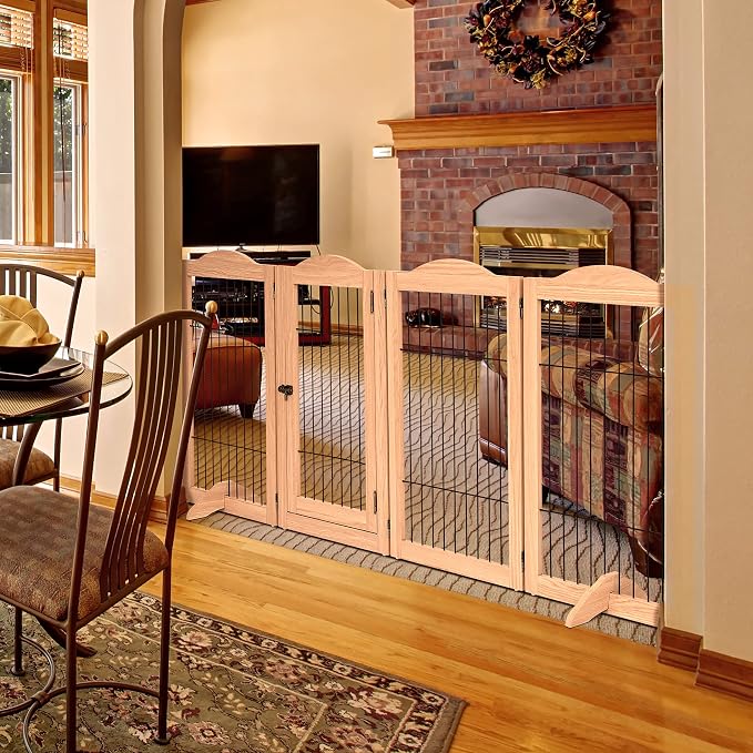 Arf Pets Dog Gate with Walk Through Door, 4 Panel 360° configurable Freestanding Wooden Wire Fence, 80" Wide, 31.5" Tall, Foldable, Support Feet Included, for The House - Indoor Use