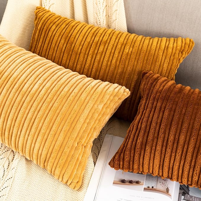 UGASA Corduroy Striped Soft Soild Decorative Throw Pillow Covers Set Cushion Cases Pillowcases for Sofa Bedroom, 2 Pcs, 12x20inch, Brown