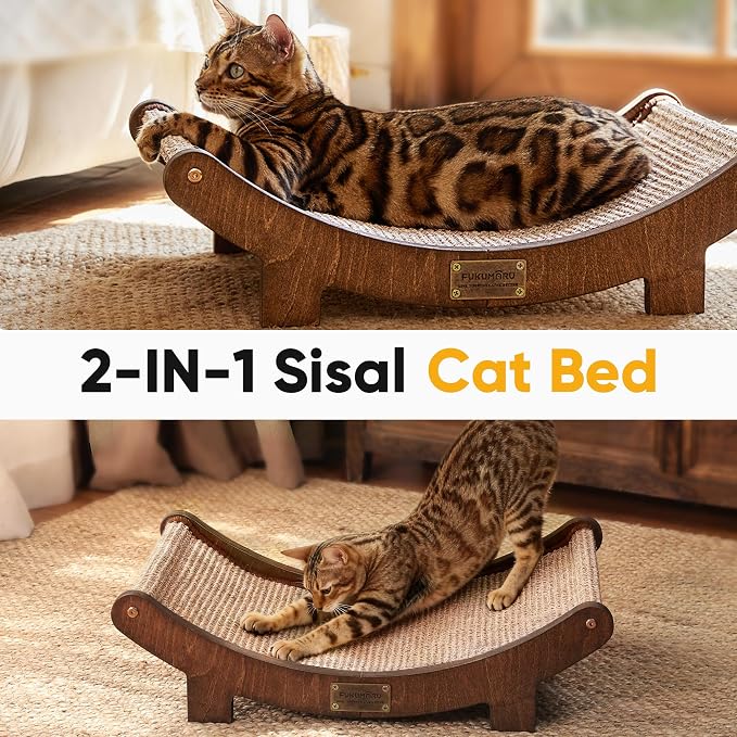 FUKUMARU Sisal Cat Scratcher Bed, Solid Wood Cat Hammock for Indoor Cats | 23.6 Inch Durable Scratching Bed, Large Cat Scratch Pad, Natural Sisal Hammock, Cat Lounger Scratcher for Sleeping (Brown)