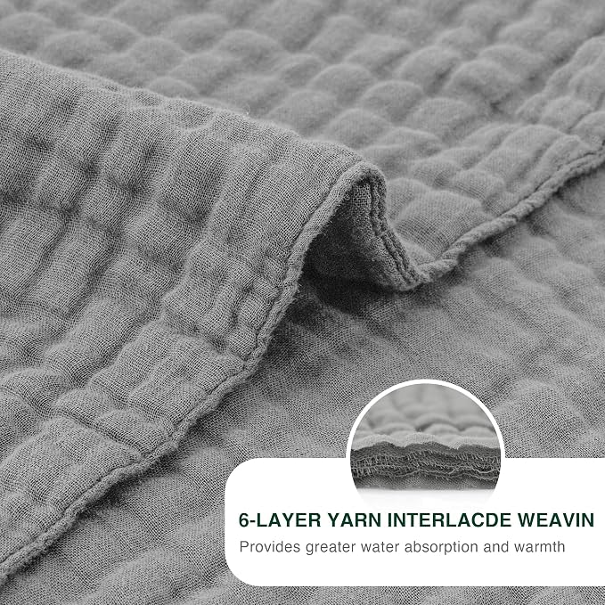 Love's cabin 100% Cotton Muslin Blanket, 6 Layer Lightweight Breathable Gauze Queen Size Blanket 90 x 90 Inches, Soft All Season Blanket for Bed, Medium Grey