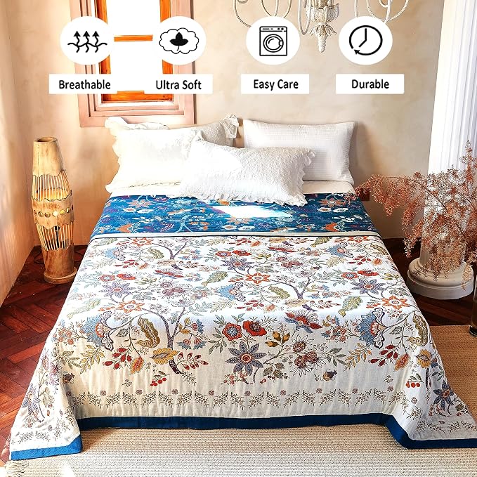 VANJOROY Boho Throw Blanket, 100% Organic Cotton Breathable Skin-Friendly Ultra Soft Bed Quilt Throw - All Season Floral Farmhouse Décor Luxury Blanket for Sofa Couch Chair and Gift. 91" x 98"
