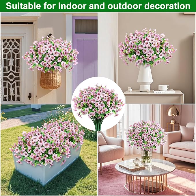12 Pcs Artificial Flowers for Outdoors Decorations, Pink | Lifelike silk flowers, UV resistant, faux plastic plants, for garden porch window table vase home indoor outdoor decor