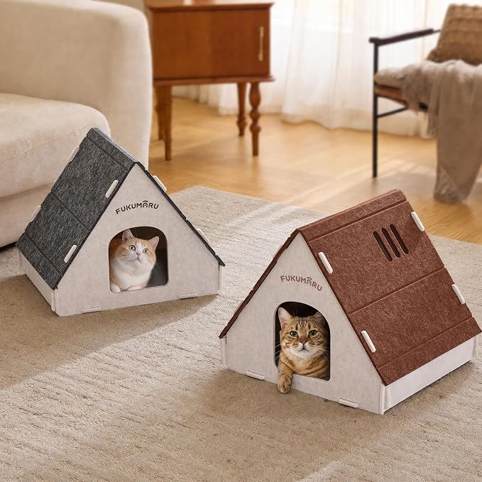 FUKUMARU Cat House Cave Bed for Indoor Cats, Large Warm Felt Cat Hideaway | Scratch-Resistant Cat Cave, Kitten Hideaway for Timid Cat & Small Pet, Modern Sturdy Cats House Condo, Easy to Assemble
