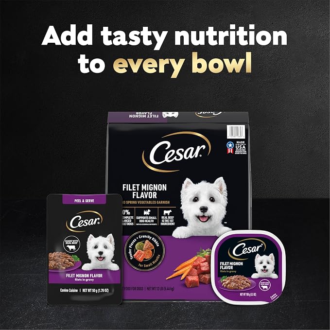 Cesar Mini-Pouch Wet Dog Food, Filet Mignon Flavor, 1.76 oz, 20 Count | Real beef, protein-packed, no fillers or artificial flavors, easy peel-and-serve, slow-cooked tender texture