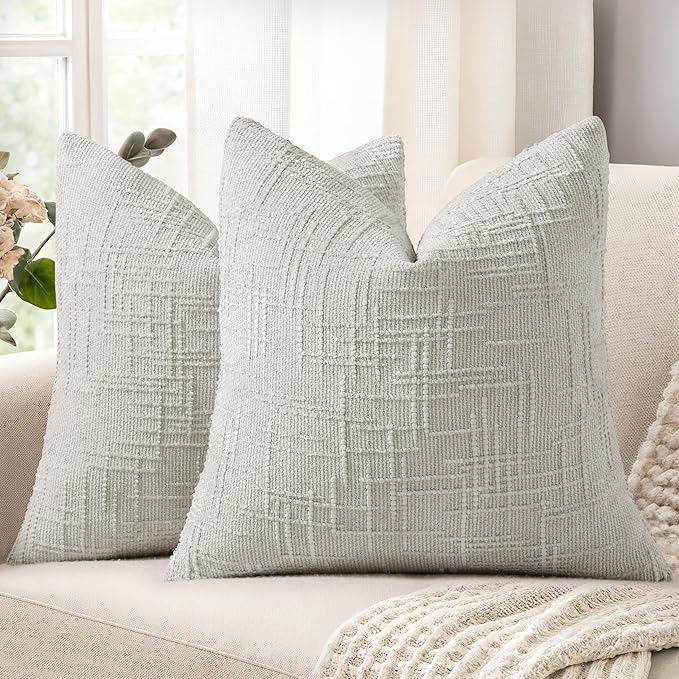 decorUhome Textured Chenille Throw Pillow Covers 20x20 Set of 2 Light Grey | Fall Modern Farmhouse Soft Cozy Slubby Couch Pillow Cases Boho Decorative Pillow Cases for Bed Sofa Living Room Home Decor