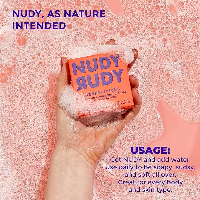Nudy Rudy Berrylicious Soap Bar Puck, Made with Organic Shea Butter and Arctic Cloudberry, Triple Milled Bar, No Harsh Ingredients, All Skin Types, 4.2 oz, Made in Australia