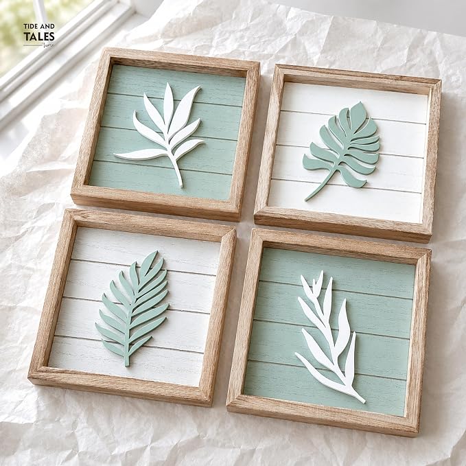Tide and Tales 3d Sage Green Framed Wall Art, Set of 4, Bathroom Decor | 7" x 7", Lightweight Wood, Bathroom Wall Decor, Botanical Leaf Pictures for Bedroom, Office or Living Room, Hardware Included