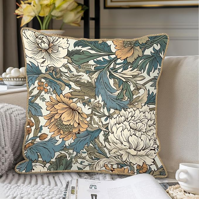 KSLIDS Vintage Flowers Soft Velvet Throw Pillow Covers Set of 2 Floral Plant Leaves Decorative Pillow Covers 18x18 Inch Yellow White Flowers Pillow Case for Sofa Couch Bedroom Farmhouse Home Decor