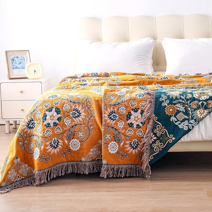 VANJOROY Boho Throw Blanket, 100% Cotton Soft Sofa Bed Queen Throw-Floral Farmhouse Decor Blanket, Reversible Bohemian Yellow Throw for Chair Couch Quilt and Gift, 80" x 90"
