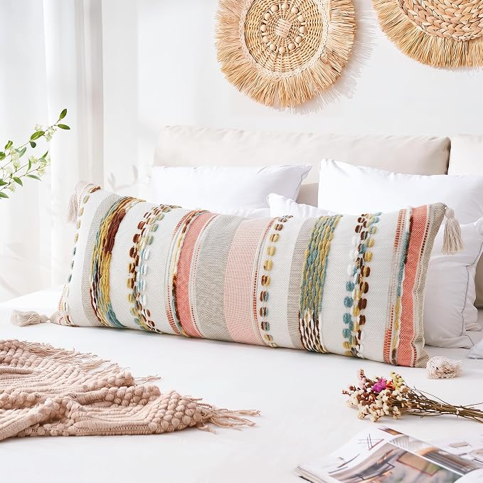 PANOD Boho Long Lumbar Throw Pillow Cover 14 x 36 Red Brown, Chenille Morocan Extra Long Pillow Case Cover, Decorative Long Pillow for Bed Couch Sofa Farmhouse