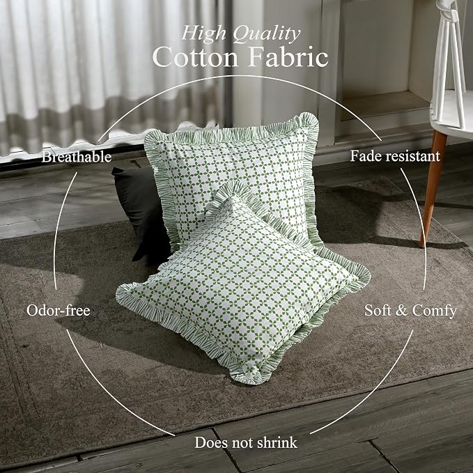 CPC Kelly Green Hand Block Print 100% Cotton Ruffle Throw Pillow Cover 18x18 inch with Hidden Zipper Decorative for Couch, Bed, Sofa, Farmhouse, Cottagecore Decor Gift Christmas Fall Thanksgiving