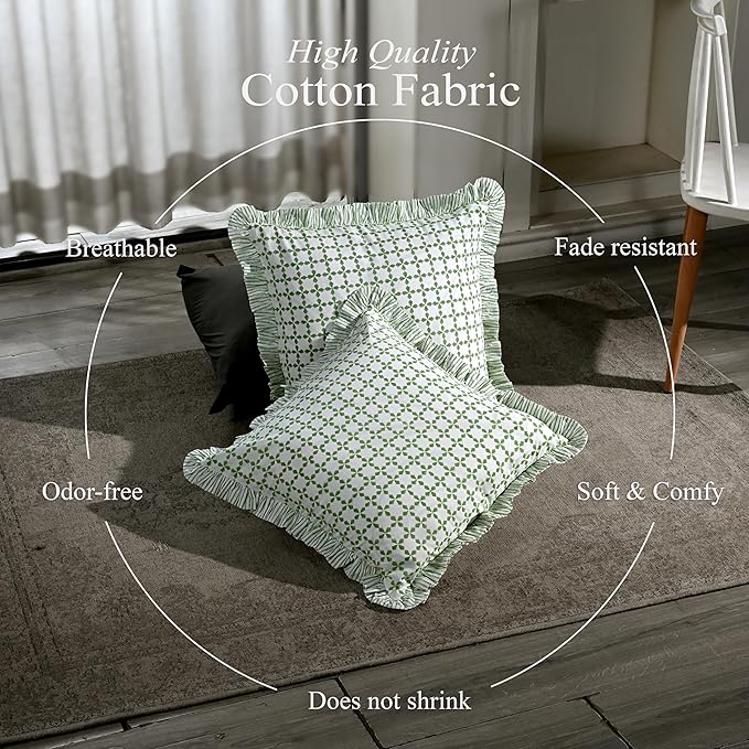 CPC Kelly Green Hand Block Print 100% Cotton Ruffle Throw Pillow Cover 20x20 inch with Hidden Zipper Decorative for Couch, Bed, Sofa, Farmhouse, Cottagecore Decor Gift Christmas Fall Thanksgiving