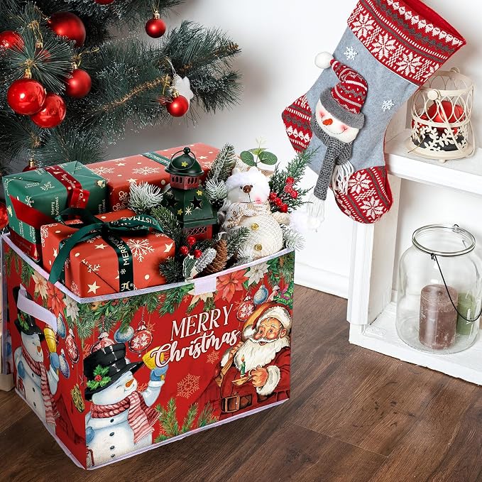 Briwooody Christmas Storage Bin with Lid and Carrying Handle Christmas Foldable Storage Box Large Xmas Decorative Collapsible Container Basket for Organizing Closet Home Bedroom Gift(Santa Claus)
