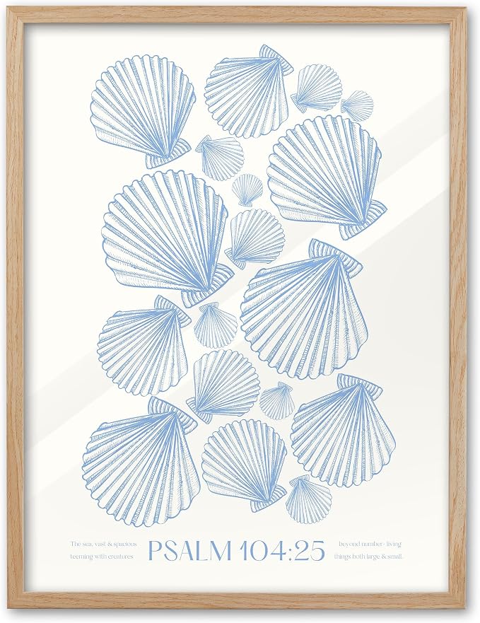EcoHest 12x16 in Psalm 104:25 Coastal Seashell Framed Christian Wall Art | Natural Oak Wood Frame with Canvas Wall Art, Scripture Bible Verse Decor for Bedroom, Living Room, Office, Church, 1Pack