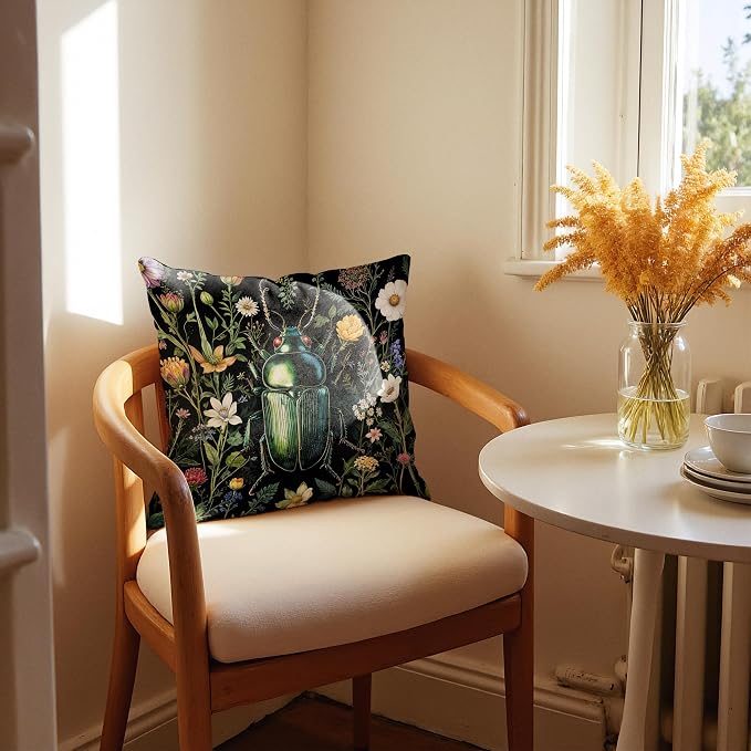William Morris Inspired Butterfly and Beetle Pillow Covers 18x18 Set of 2, Dark Cottagecore Wildflower Botanical Insect Moth Decorative Throw Pillow Covers for Home Bedroom Living Room