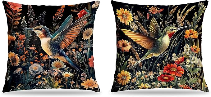 William Morris Inspired-Vintage Floral Hummingbird Pillow Covers 18x18 Set of 2, Dark Cottagecore Room Decor, Vintage Rustic Botanical Bird Decor Pillow Covers for Home Living Room Bedroom
