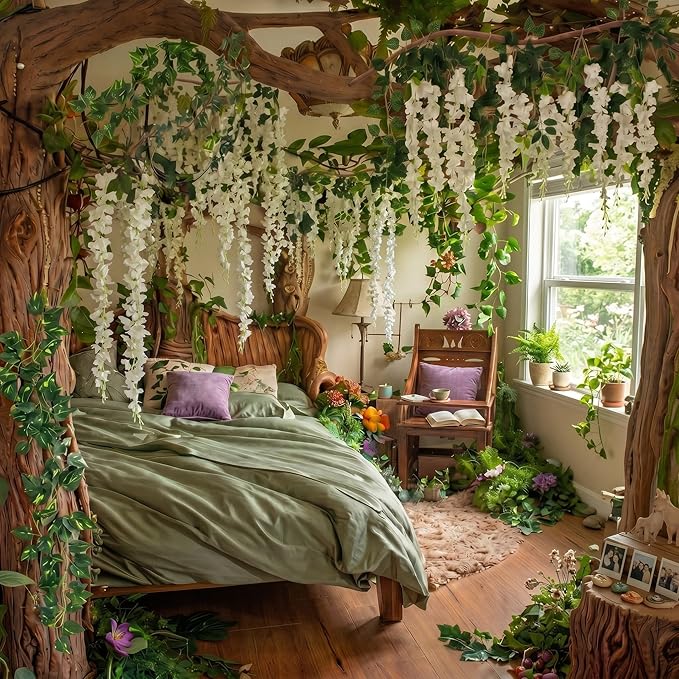 Enchanted Fairy Classroom Set, Artificial White Wisteria Vines | Hanging Flowers with Greenery for Ceiling Decor, Indoor Outdoor Party Fairy Decorations, Easy DIY for Bedroom Garden