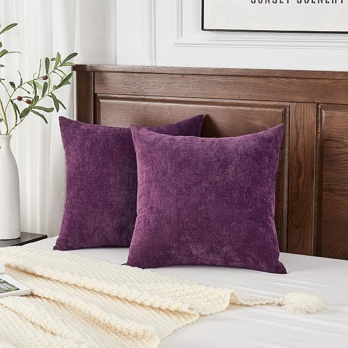 GAWAMAY Decorative Chenille Throw Pillow Covers 24x24 Inch Pack of 2, Soft Square Couch Pillow Cover for Sofa Cushion Living Room Bedroom Solid Dyed Pillowcases Purple 60x60cm (ONLY Covers)