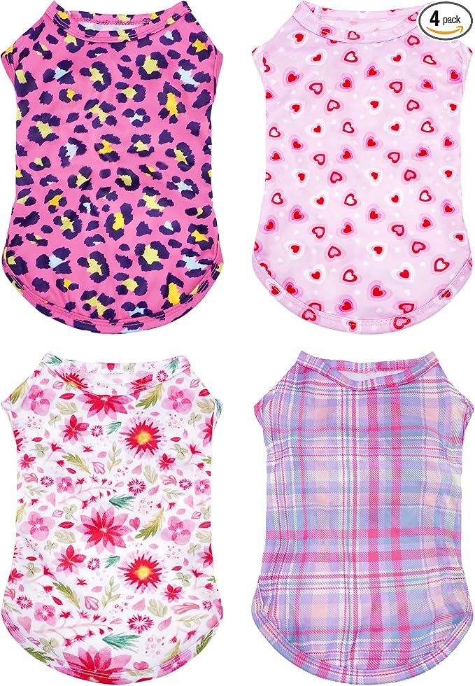 PET SHOW 4 Pack Paw Bone Printed Dog Clothes Shirts Soft Vest Lightweight Sleeveless Cats Doggies T-Shirts Puppies Tank Top Tee for Small Medium Dogs White Black Pink Blue (XX-Large, Pink for Girls)
