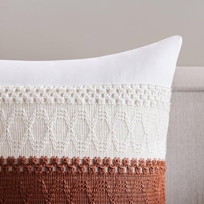 2pk Boho Pillow Covers 12x20, Natural White/Contrast/Terracota | 100% Organic Cotton Body, Stripe Embroidery, Farmhouse Decorative Cushion Covers for Sofa Bed Living Room Home Decor