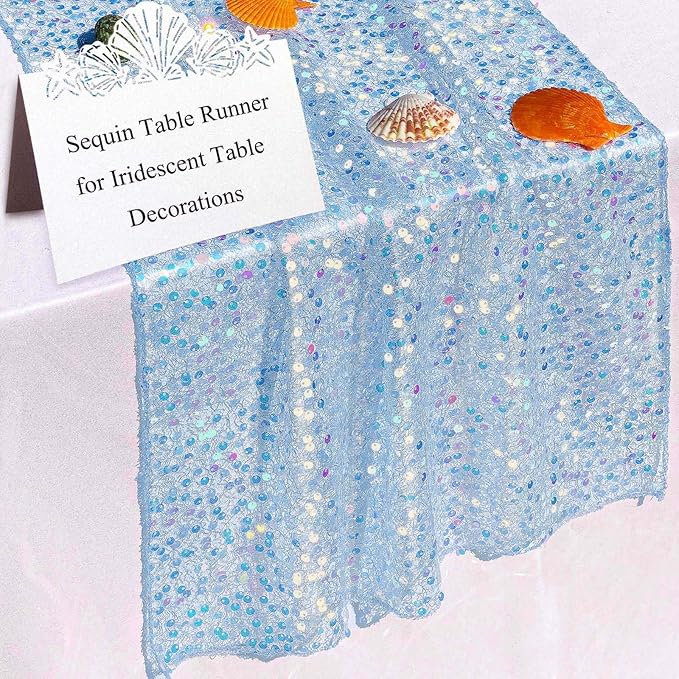 Blue Sequin Table Runner, 10 Ft 1 Pack, Perfect for 6 - 8 Ft Tables, Iridescent Table Runner 120" x 17" 1 Pack for Wedding Baby Shower Birthday Decorations