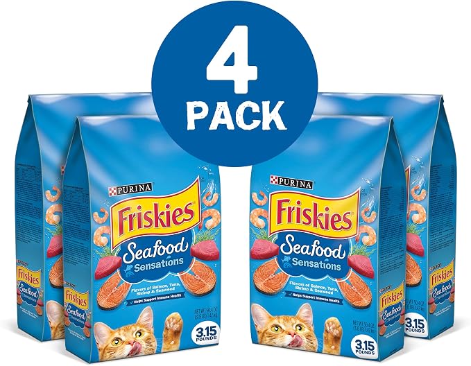 Purina Friskies Dry Cat Food Seafood Sensations With Salmon, Tuna, and Shrimp Flavors - (Pack of 4) 3.15 lb. Bags
