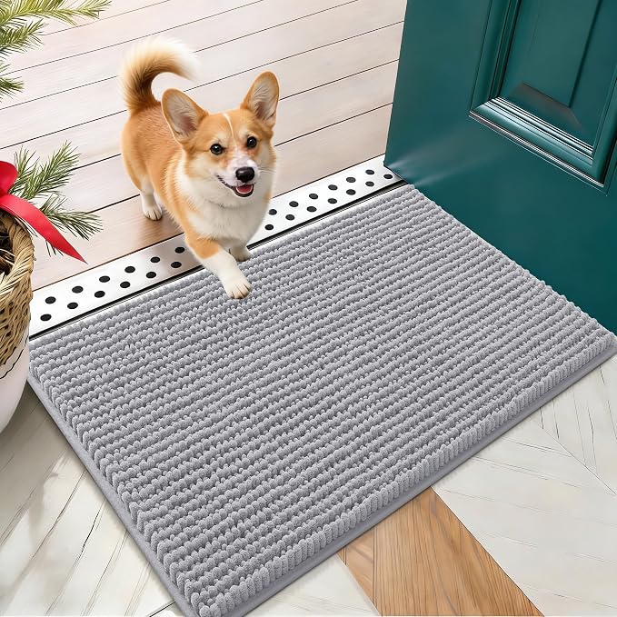 OLANLY Dog Door Mat for Muddy Paws 24x16, Extra Absorbent Chenille Mud Mat | Light Grey, Absorbs Moisture and Dirt, Non-Slip Machine Washable Doormat, Quick-Drying Indoor Entryway Floor Mat for Dogs